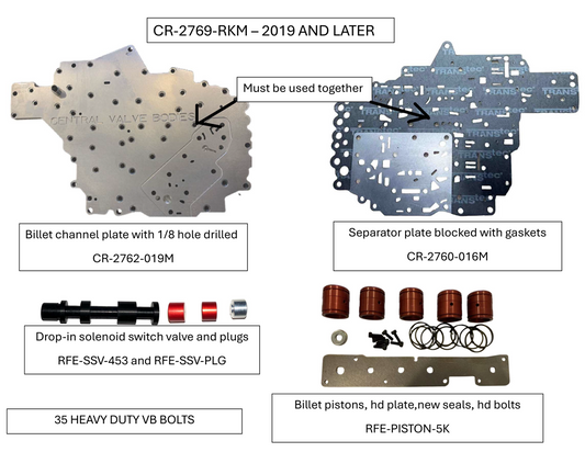 2019-UP, 68RFE VALVE BODY REBUILD KIT: BILLET CHANNEL PLATE, SEPARATOR PLATE, PISTON KIT, SSV AND PLUGS AND BOLTS - 5 BALL
